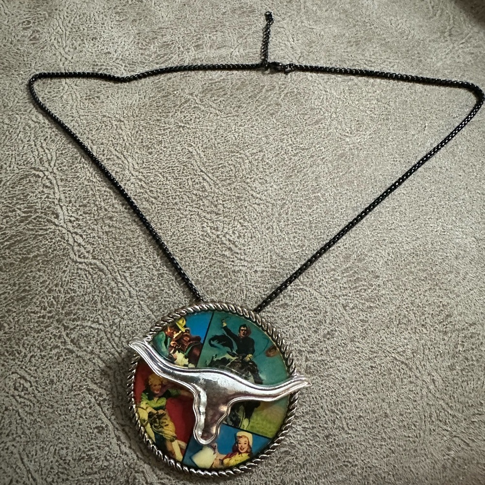 Cowgirl Western Statement pendant Necklace with Longhorn